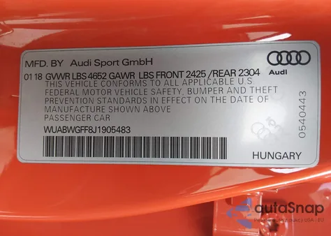 2018 Audi Rs 3 2.5T z USA, uszkodzony, nr VIN WUABWGFF8J1905483